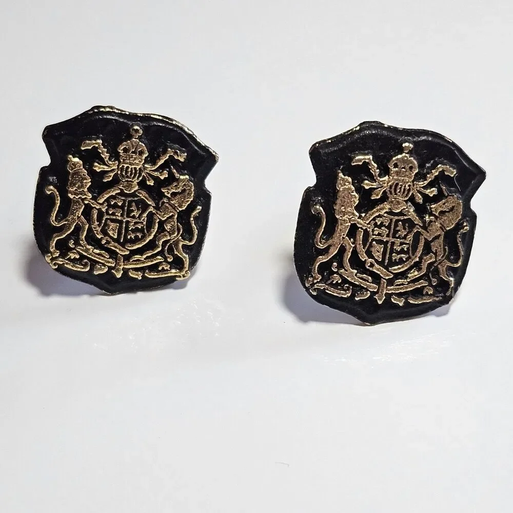 *Sale* Vintage Gold Tone Black Shield Coat Of Arms Family Crest Cuff Links